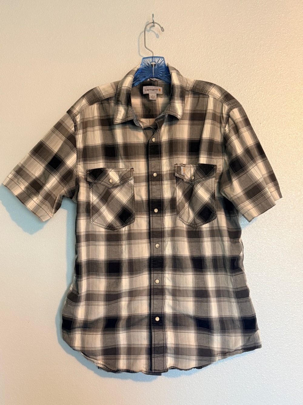 Carhartt Shirt Men’s L Black White Plaid Short Sleeve Pearl Snap Western Work